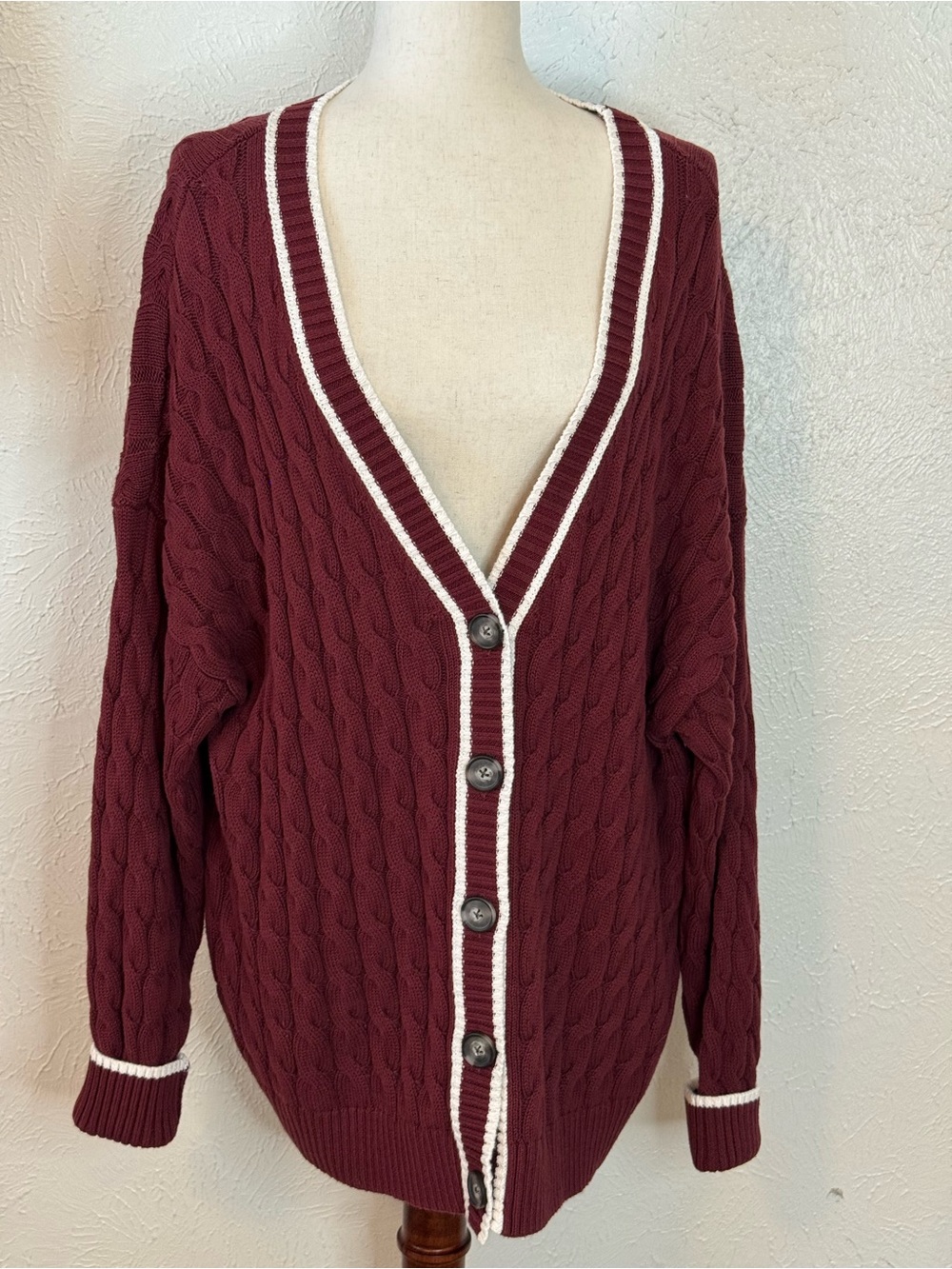 Old Navy Burgundy Cable Slouchy Fit Cardigan with White Trim L